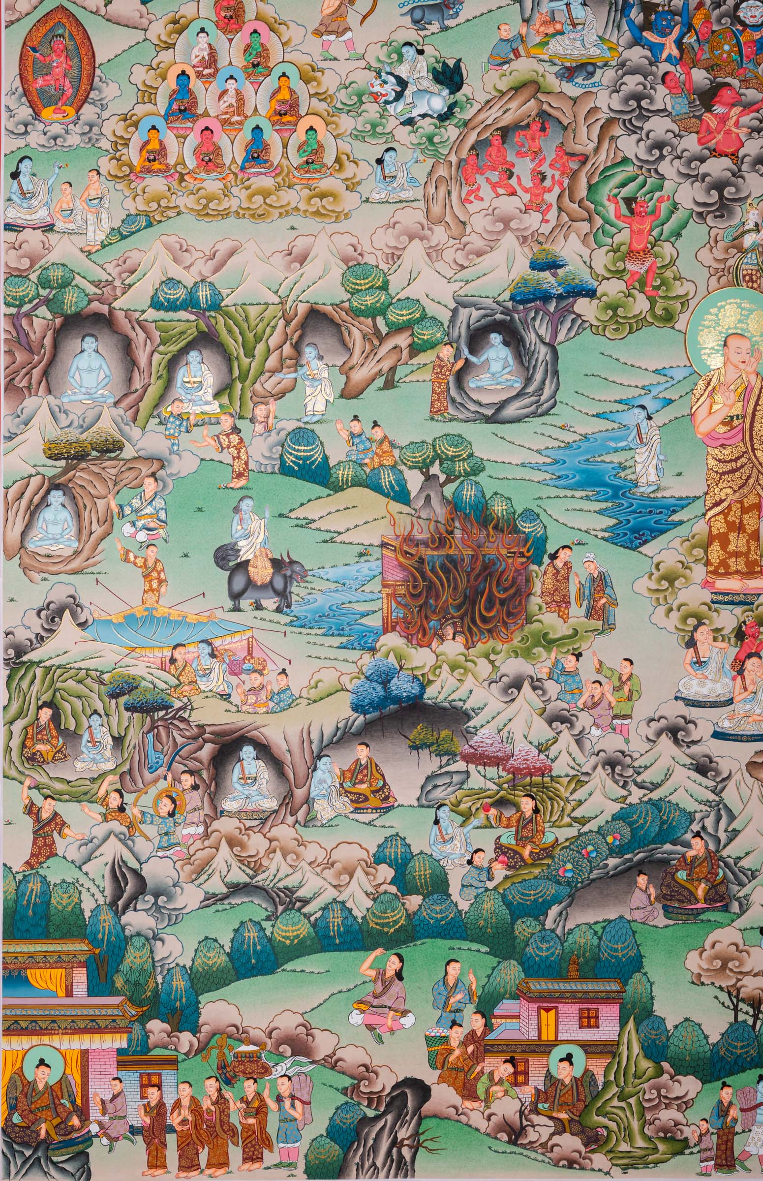 Milarepa Life story Thangka Art- yogi Saint Kagyu Lineage. Fine Artwork with details event of Milarepa used gold and natural colors