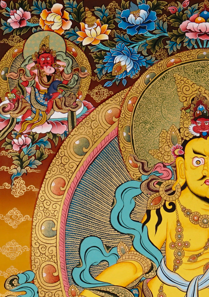 Hand-painted Yellow Zambhala thangka featuring the wealth deity holding a mongoose, seated on a lotus with rich ornaments and vibrant colors.