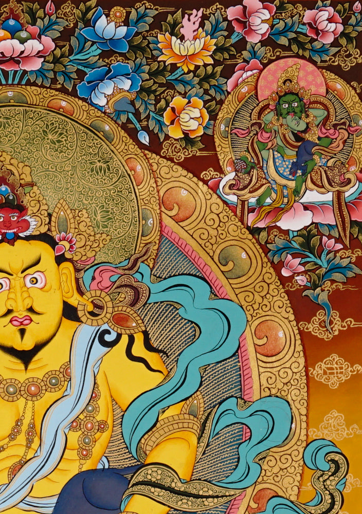 Hand-painted Yellow Zambhala thangka featuring the wealth deity holding a mongoose, seated on a lotus with rich ornaments and vibrant colors.