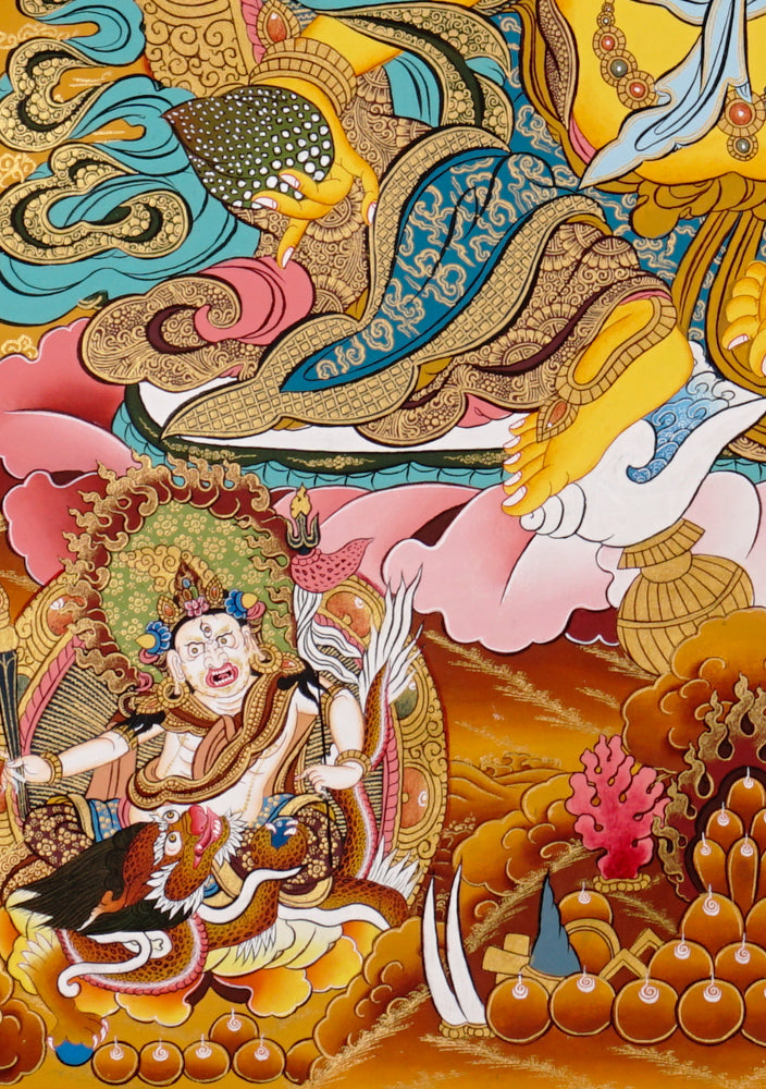 Hand-painted Yellow Zambhala thangka featuring the wealth deity holding a mongoose, seated on a lotus with rich ornaments and vibrant colors.