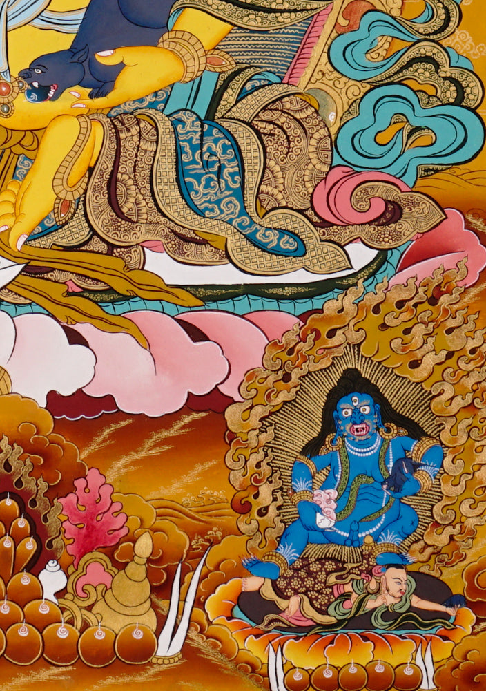 Hand-painted Yellow Zambhala thangka featuring the wealth deity holding a mongoose, seated on a lotus with rich ornaments and vibrant colors.