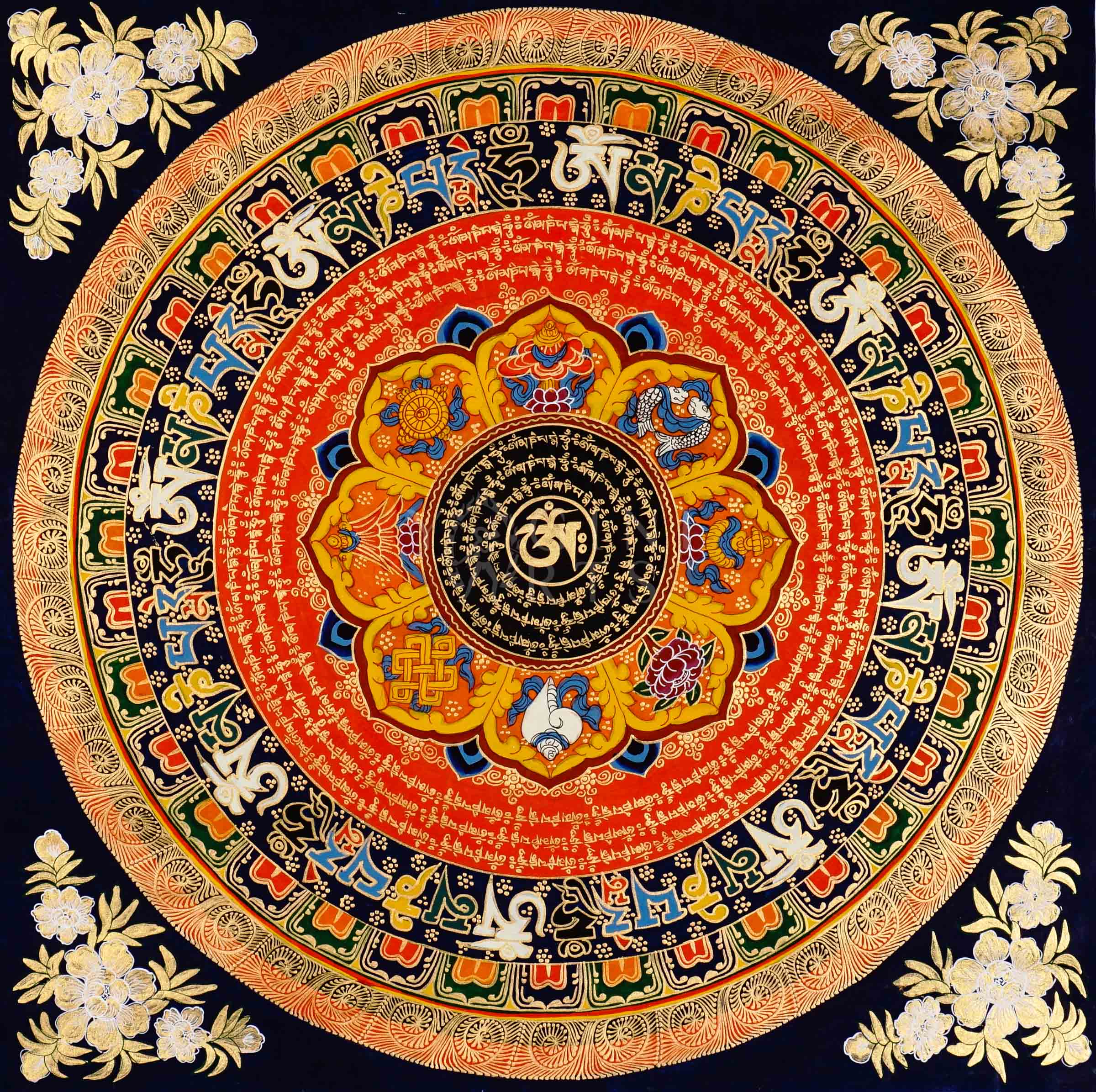 Hand-painted Tibetan Sacred Om Lotus Mantra Mandala thangka featuring central Om symbol, concentric Tibetan mantra circles, lotus petals, and vibrant Buddhist sacred geometry.