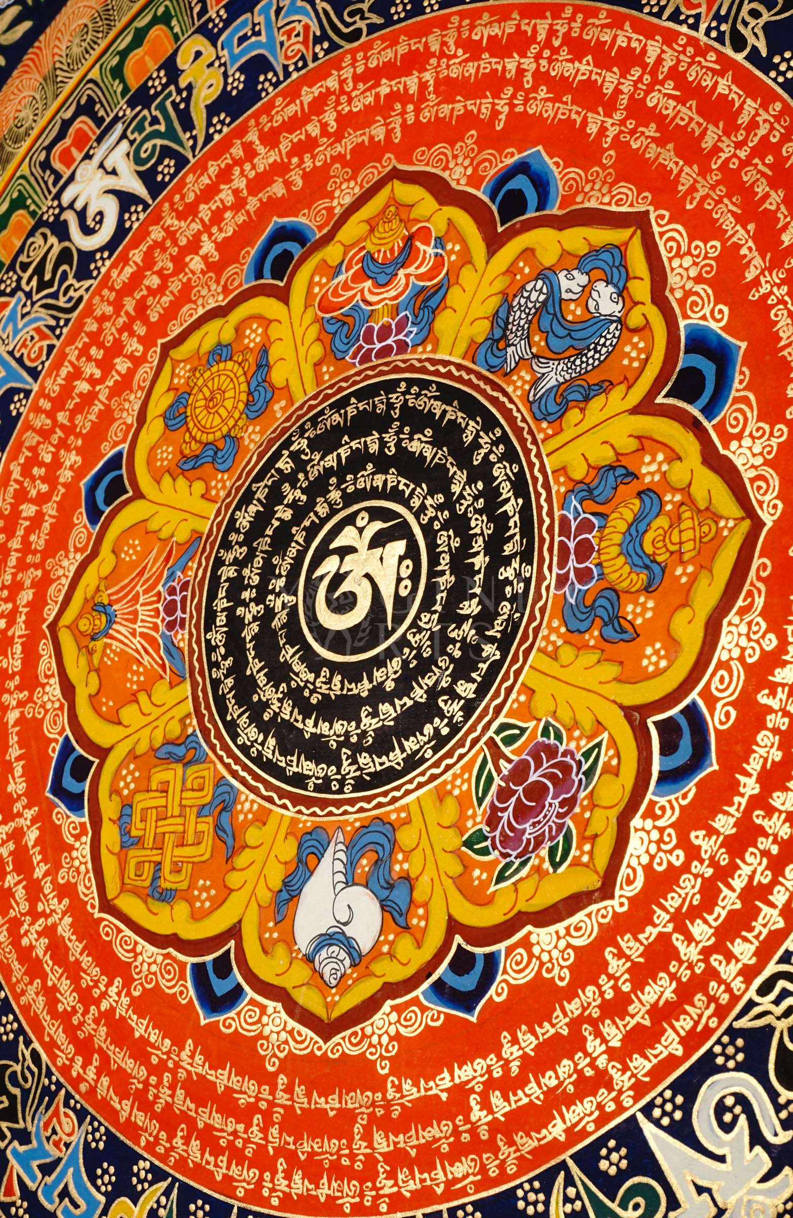 Hand-painted Tibetan Sacred Om Lotus Mantra Mandala thangka featuring central Om symbol, concentric Tibetan mantra circles, lotus petals, and vibrant Buddhist sacred geometry.