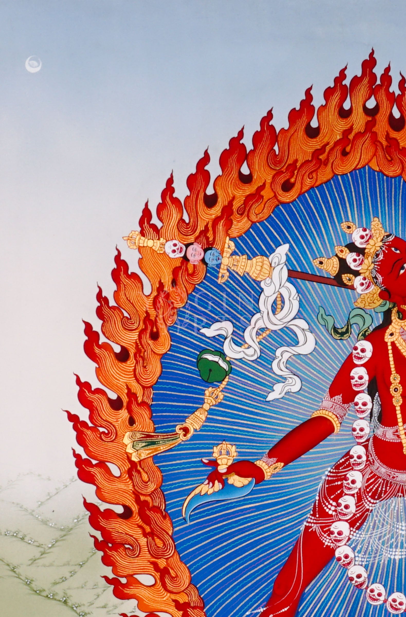 Vajrayogini thangka showing the red tantric dakini dancing with skull garland, holding kapala and ritual knife within a flaming aura.