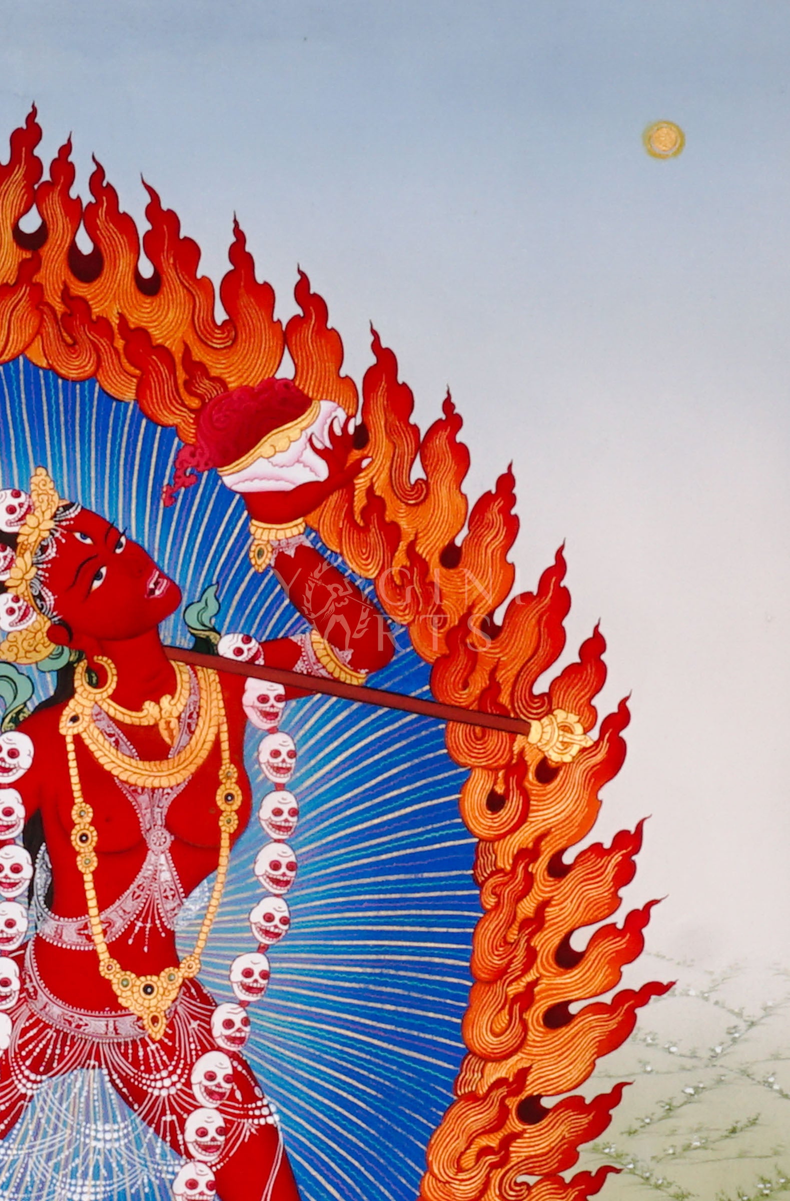 Vajrayogini thangka showing the red tantric dakini dancing with skull garland, holding kapala and ritual knife within a flaming aura.