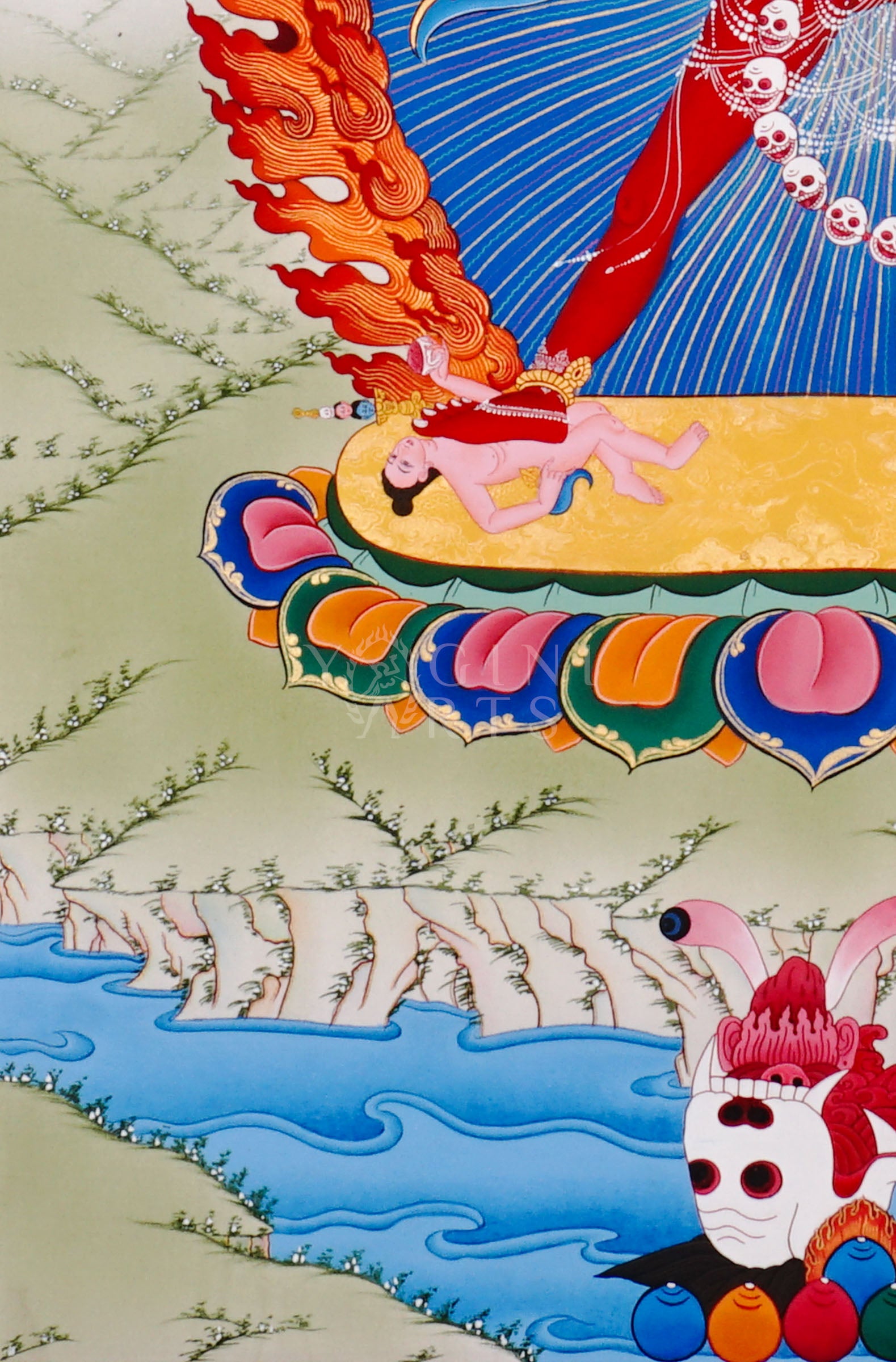 Vajrayogini thangka showing the red tantric dakini dancing with skull garland, holding kapala and ritual knife within a flaming aura.