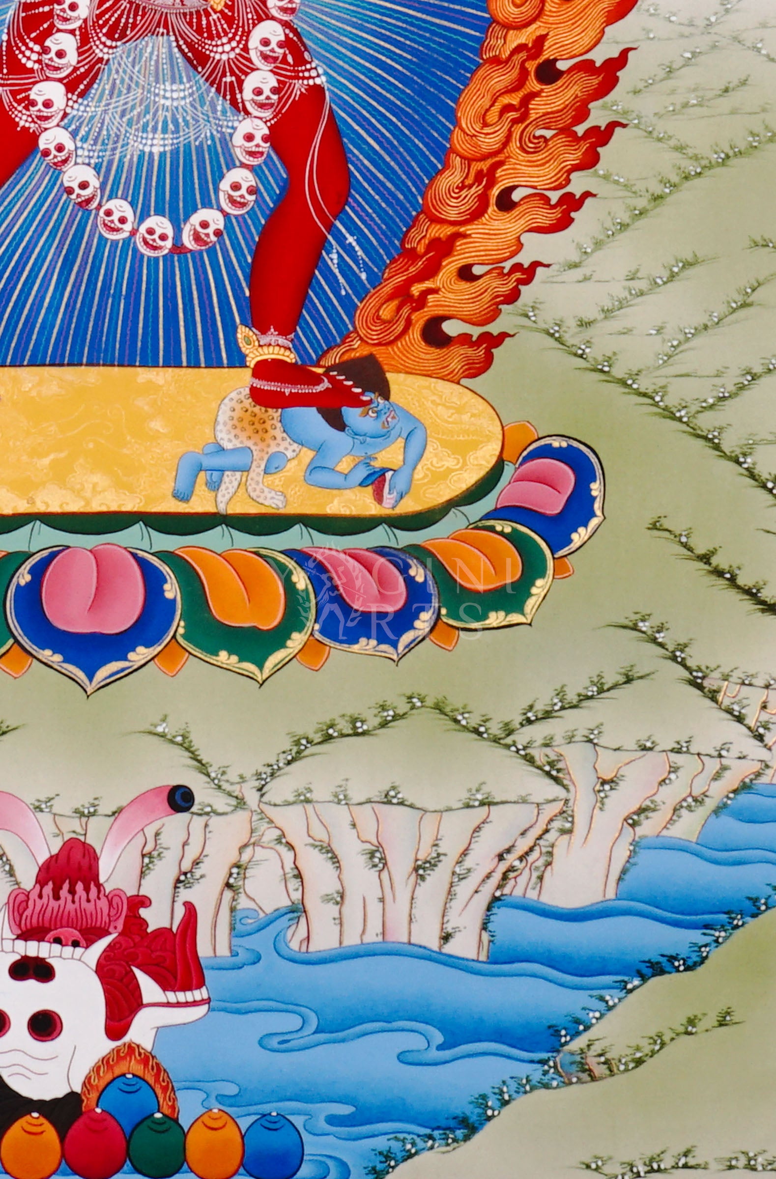 Vajrayogini thangka showing the red tantric dakini dancing with skull garland, holding kapala and ritual knife within a flaming aura.