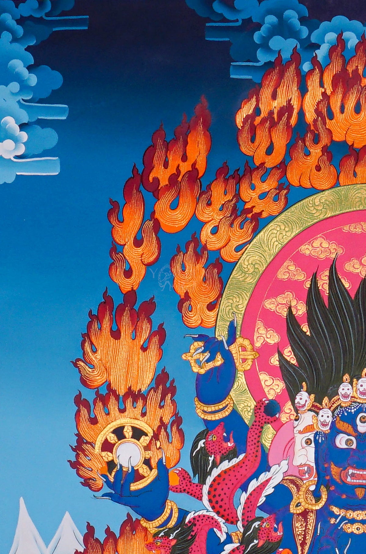 Akash Bhairav Thangka painting featuring a fierce blue deity surrounded by blazing orange flames and a detailed Himalayan landscape, 75 x 50 cm