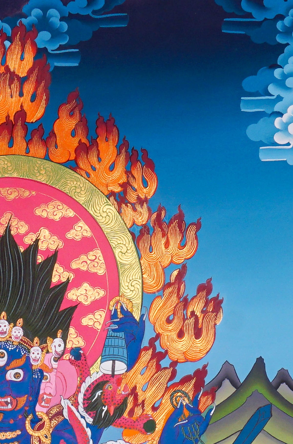 Akash Bhairav Thangka painting featuring a fierce blue deity surrounded by blazing orange flames and a detailed Himalayan landscape, 75 x 50 cm
