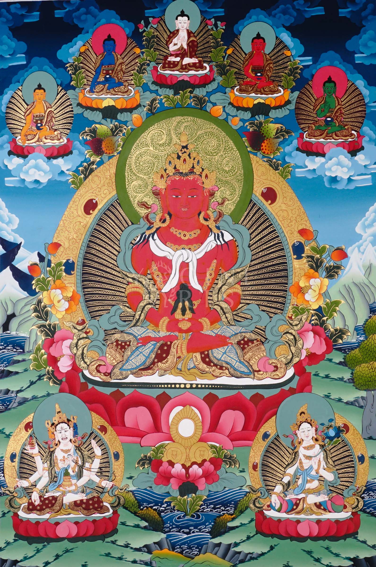 Amitayus thangka depicting the red Buddha of longevity seated on a lotus holding a vase, surrounded by Buddhas and floral landscape.