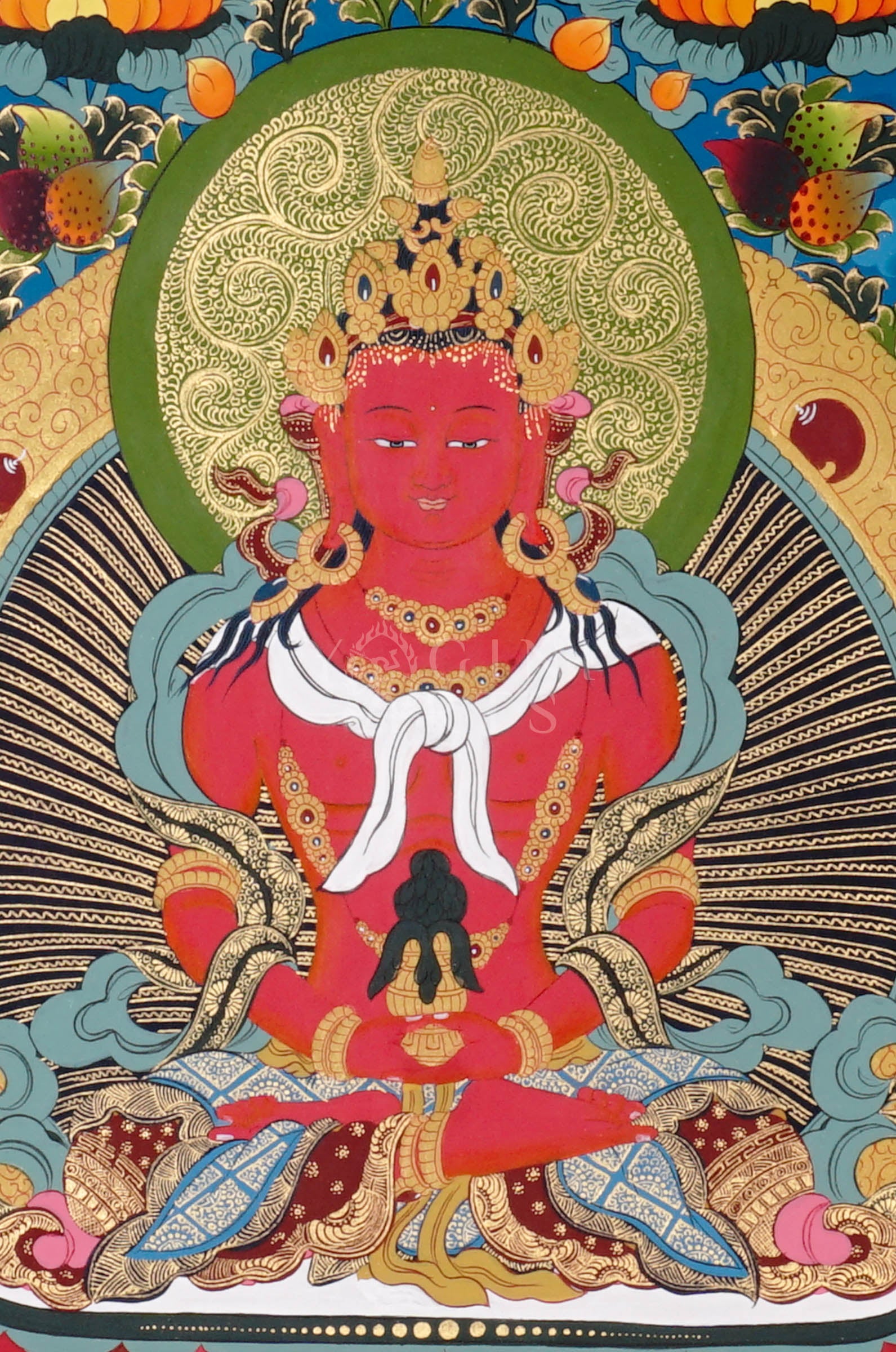 Amitayus thangka depicting the red Buddha of longevity seated on a lotus holding a vase, surrounded by Buddhas and floral landscape.