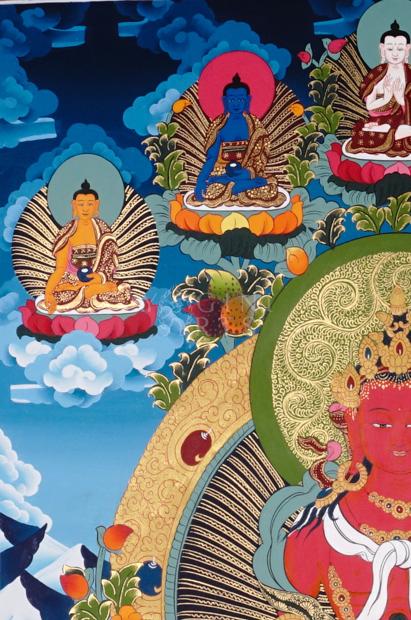 Amitayus thangka depicting the red Buddha of longevity seated on a lotus holding a vase, surrounded by Buddhas and floral landscape.
