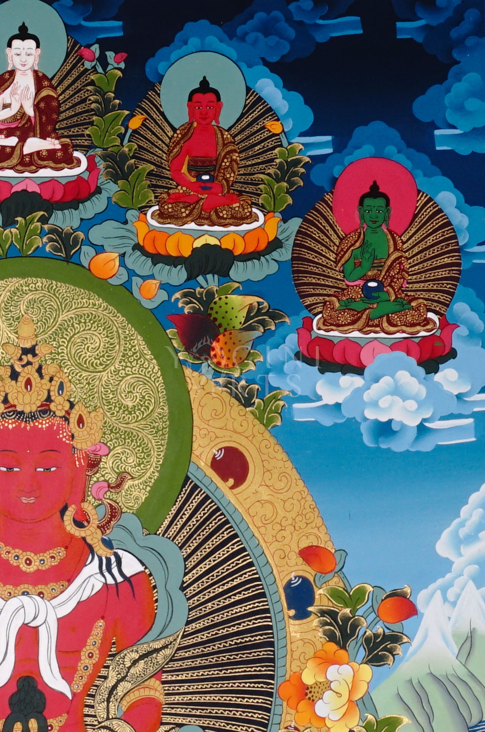 Amitayus thangka depicting the red Buddha of longevity seated on a lotus holding a vase, surrounded by Buddhas and floral landscape.