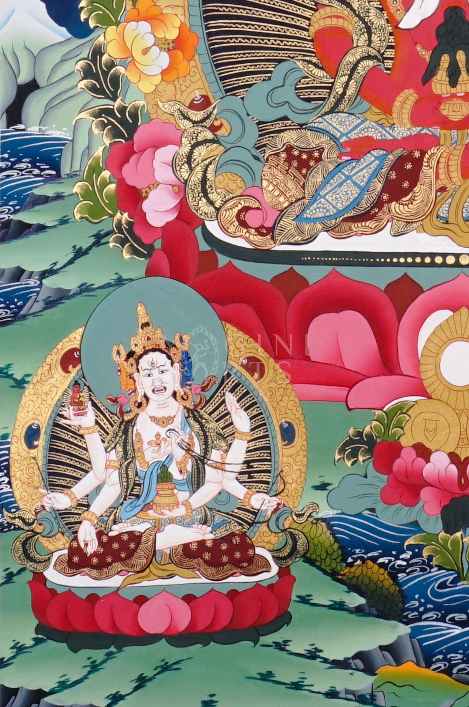 Amitayus thangka depicting the red Buddha of longevity seated on a lotus holding a vase, surrounded by Buddhas and floral landscape.