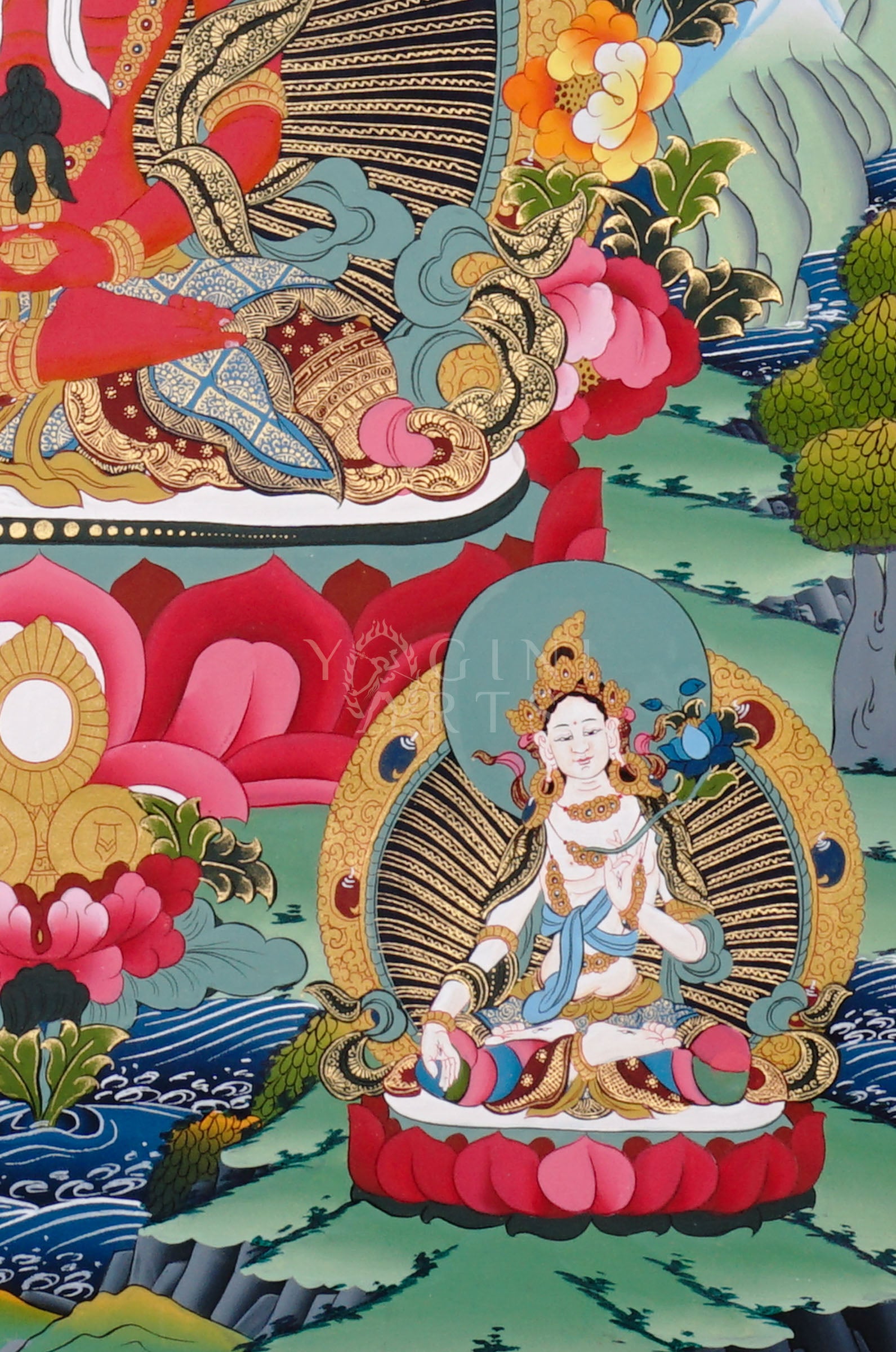 Amitayus thangka depicting the red Buddha of longevity seated on a lotus holding a vase, surrounded by Buddhas and floral landscape.