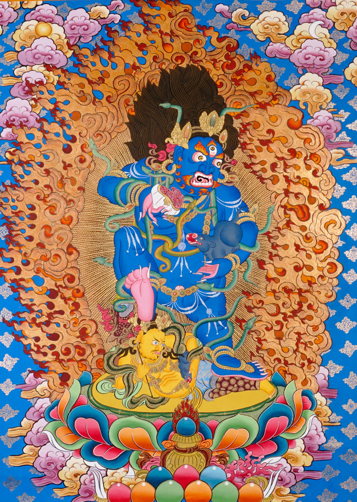 Hand-painted Black Zambhala thangka with wrathful blue deity, flames, mongoose, and subdued figure.