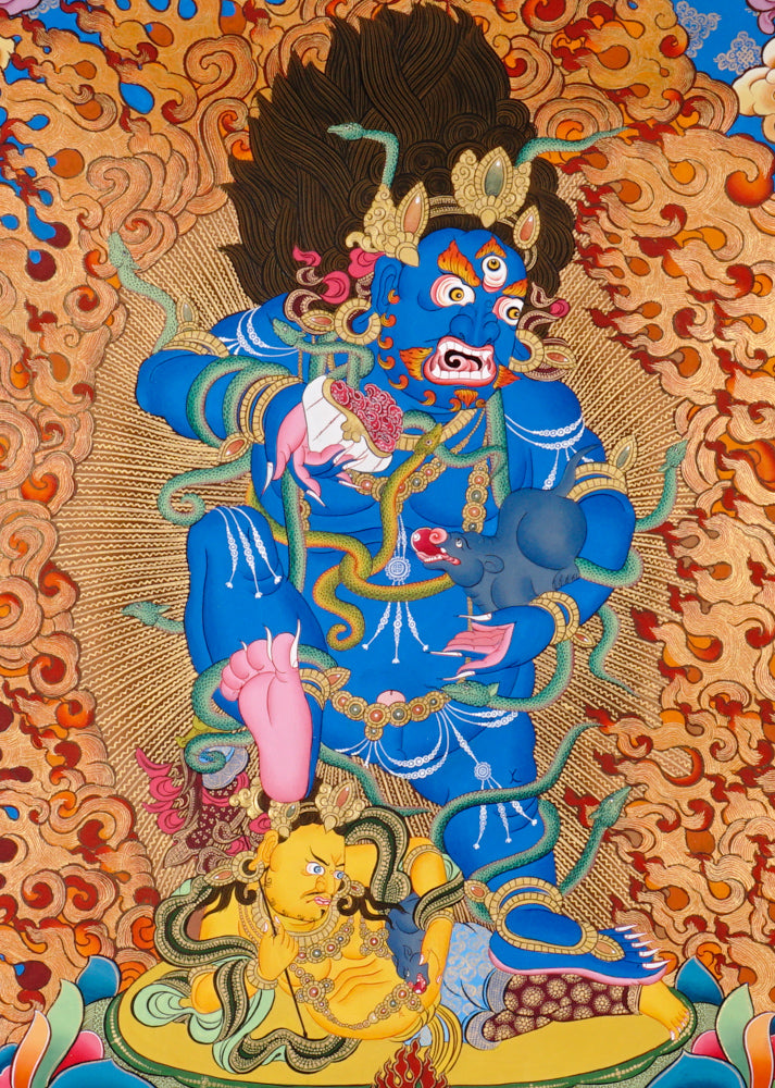 Hand-painted Black Zambhala thangka with wrathful blue deity, flames, mongoose, and subdued figure.