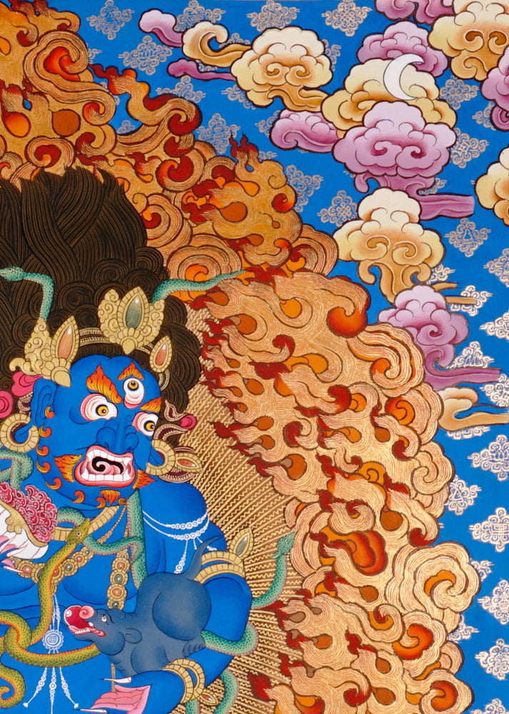 Hand-painted Black Zambhala thangka with wrathful blue deity, flames, mongoose, and subdued figure.