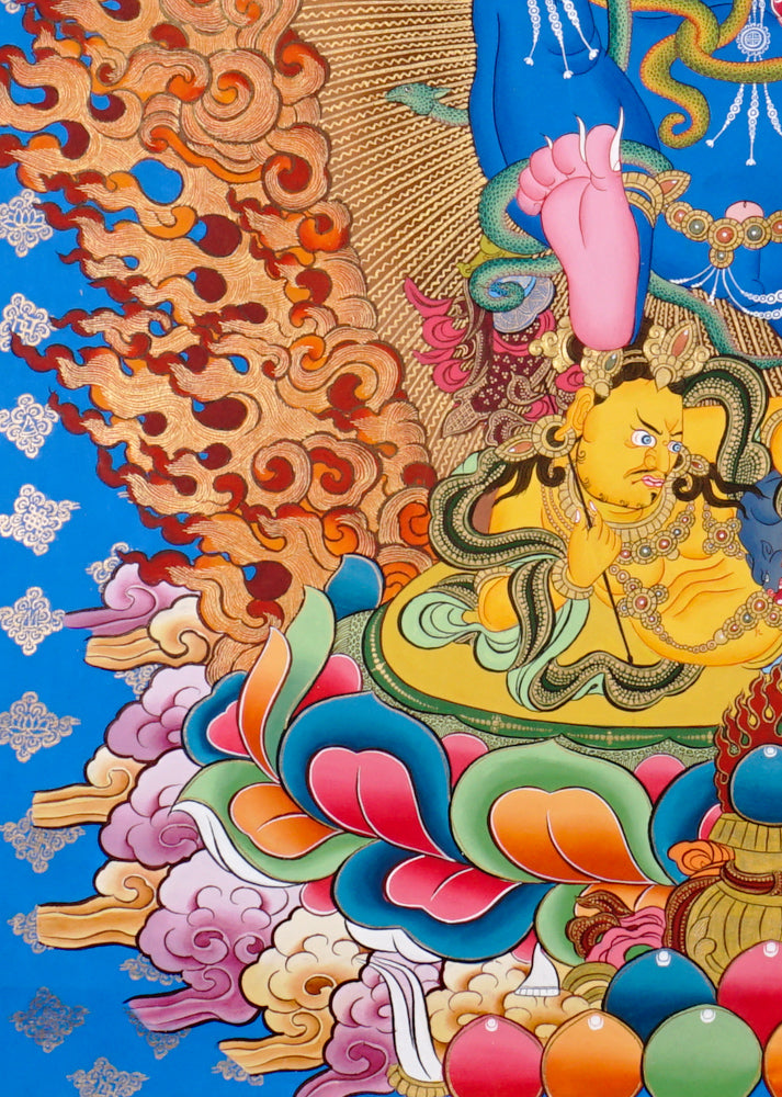 Hand-painted Black Zambhala thangka with wrathful blue deity, flames, mongoose, and subdued figure.