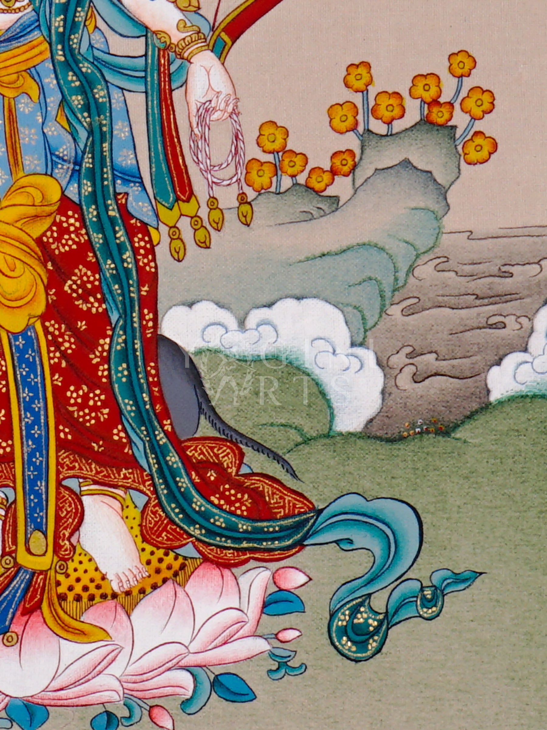 Standing Marichi Tibetan Buddhist thangka featuring multi-armed white goddess holding sacred implements above lotus throne