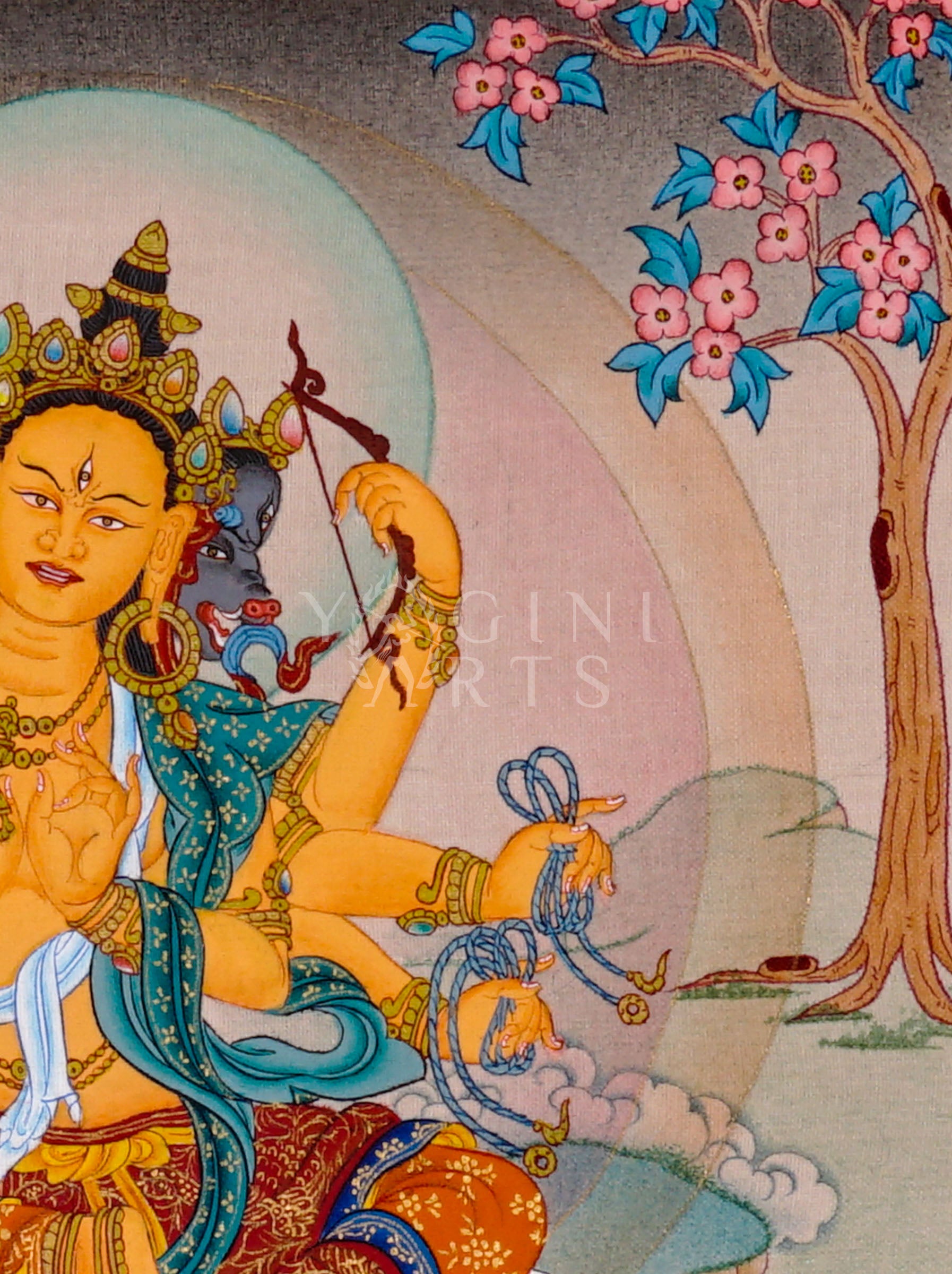Marichi Tibetan Buddhist thangka featuring multi-armed goddess seated on lotus throne with sacred boars beneath