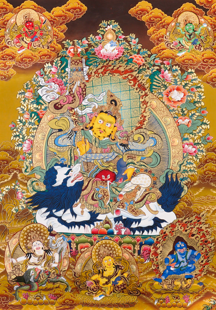 Hand-painted Five Singh Zambhala thangka showing lion-mounted wealth deity with multiple Dzambhala forms.