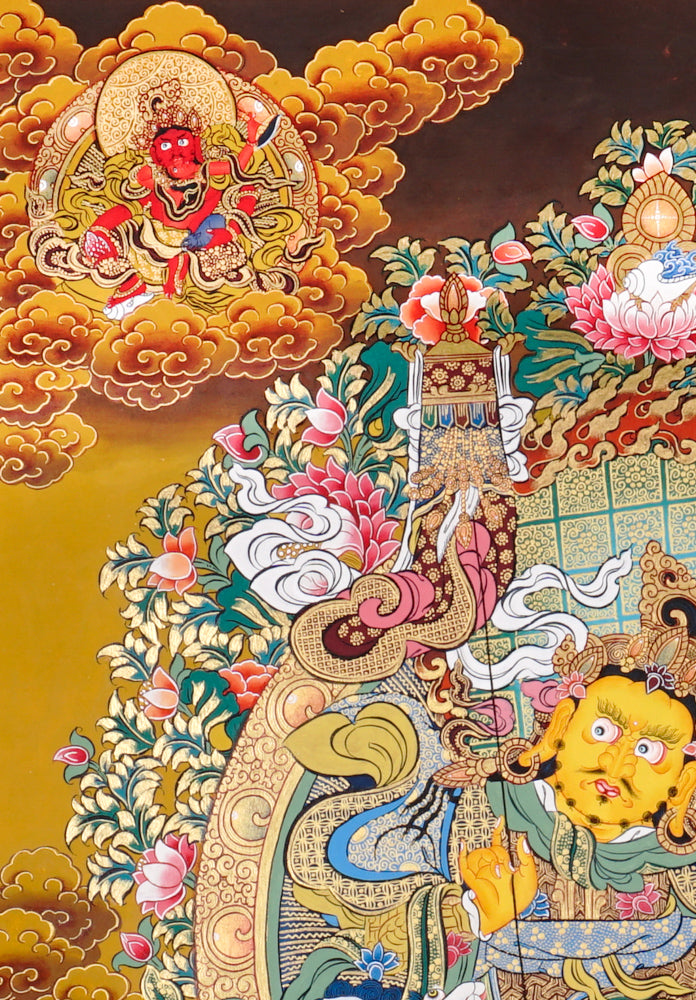 Hand-painted Five Singh Zambhala thangka showing lion-mounted wealth deity with multiple Dzambhala forms.