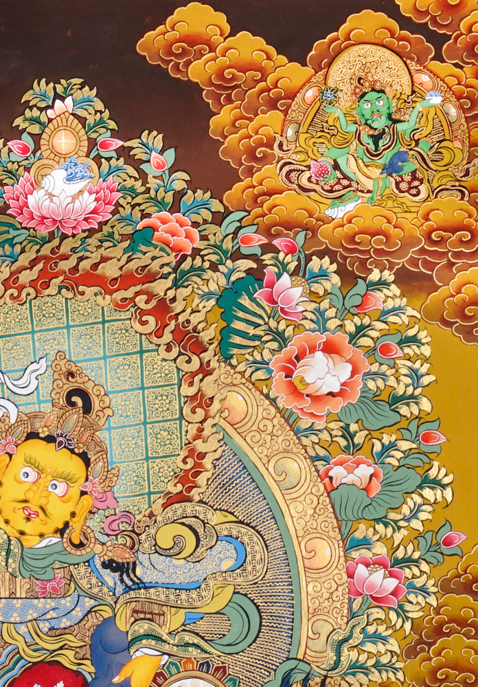 Hand-painted Five Singh Zambhala thangka showing lion-mounted wealth deity with multiple Dzambhala forms.