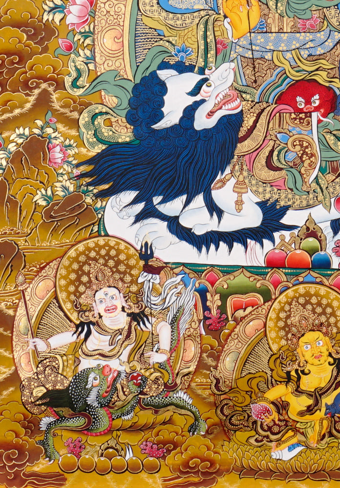 Hand-painted Five Singh Zambhala thangka showing lion-mounted wealth deity with multiple Dzambhala forms.