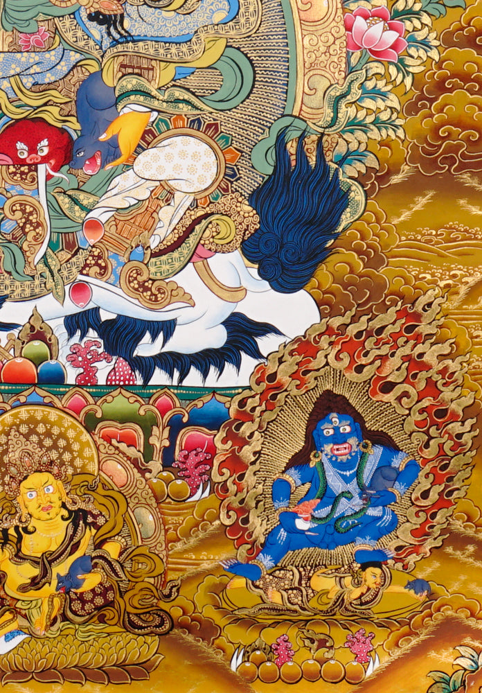 Hand-painted Five Singh Zambhala thangka showing lion-mounted wealth deity with multiple Dzambhala forms.