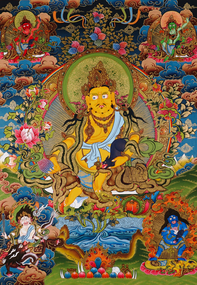 Hand-painted Yellow Zambhala thangka with flowing landscape, wealth deity holding mongoose, and detailed floral background.