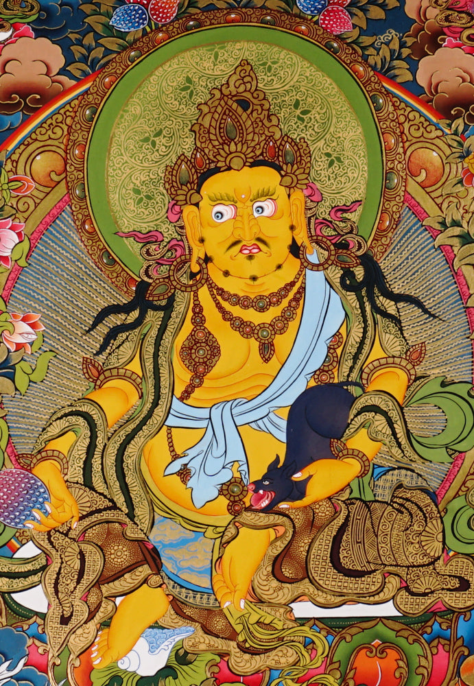 Hand-painted Yellow Zambhala thangka with flowing landscape, wealth deity holding mongoose, and detailed floral background.