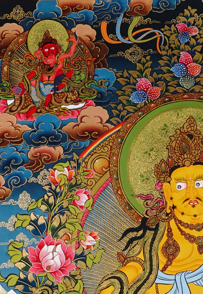 Hand-painted Yellow Zambhala thangka with flowing landscape, wealth deity holding mongoose, and detailed floral background.
