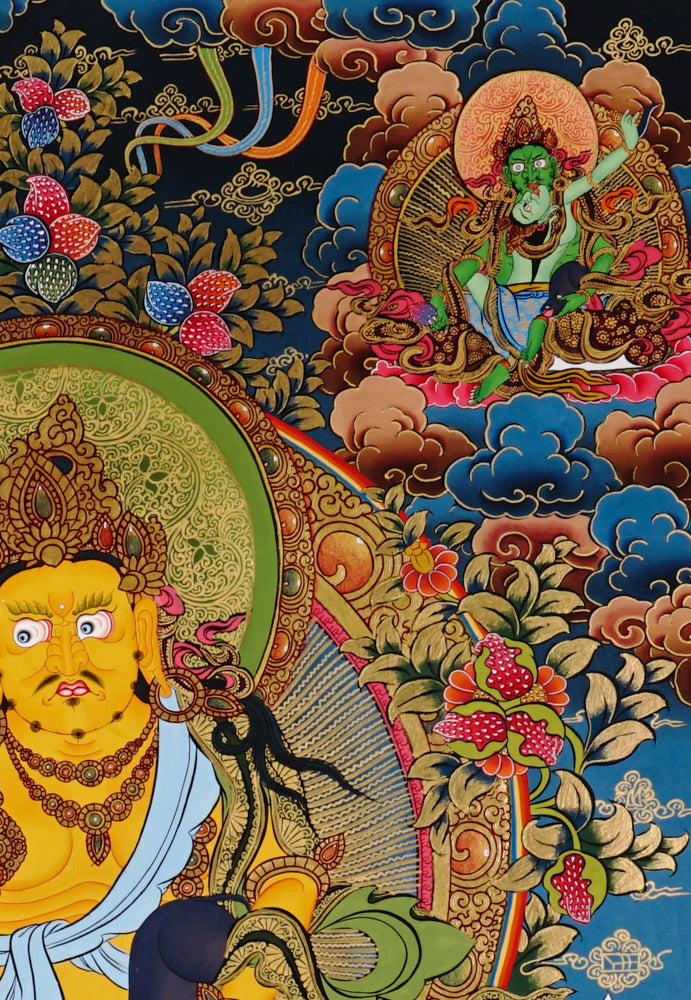 Hand-painted Yellow Zambhala thangka with flowing landscape, wealth deity holding mongoose, and detailed floral background.