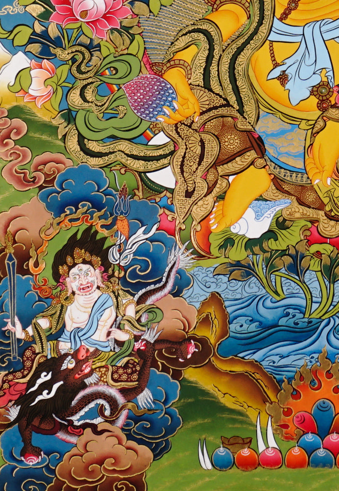 Hand-painted Yellow Zambhala thangka with flowing landscape, wealth deity holding mongoose, and detailed floral background.