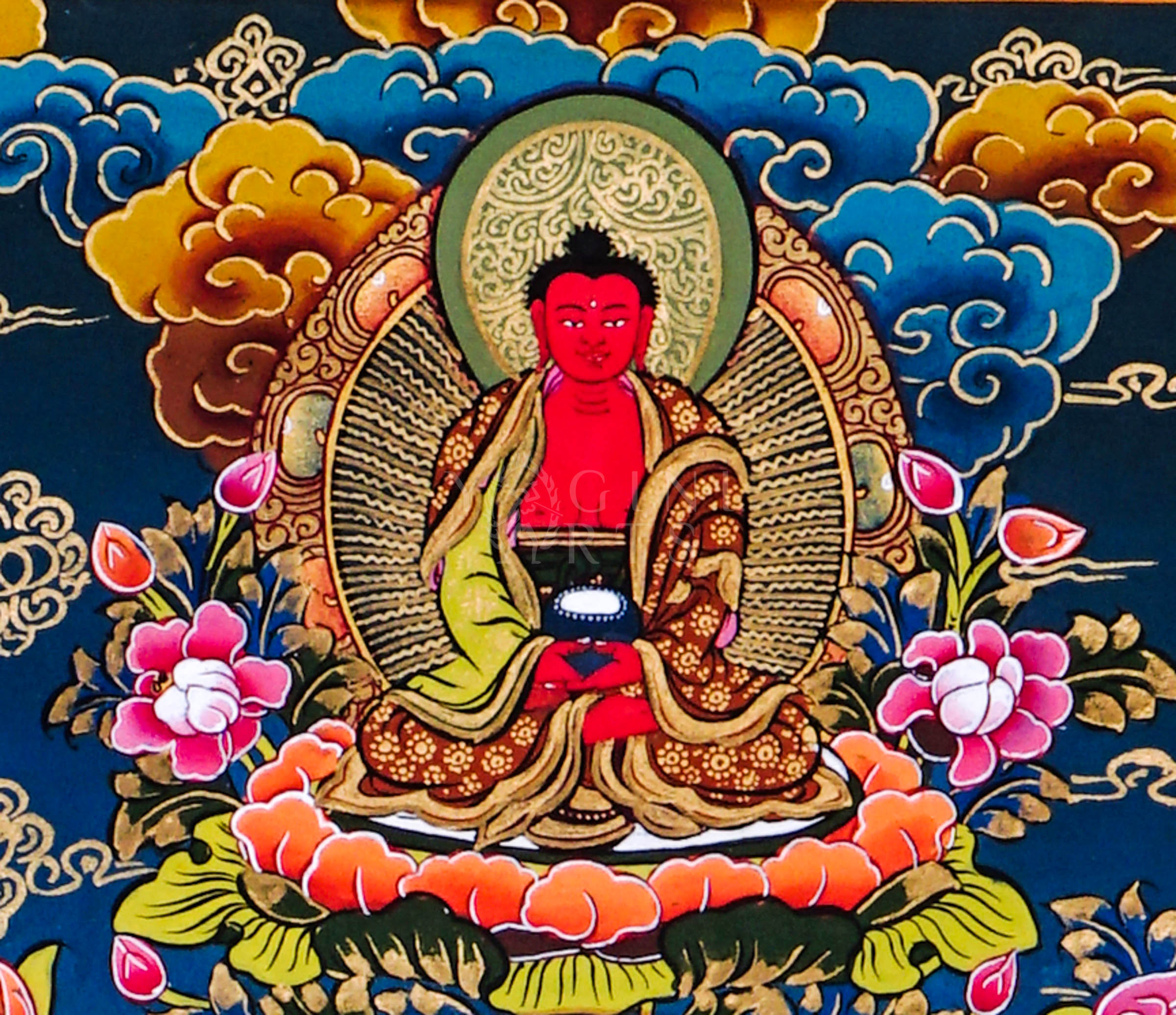 Traditional hand-painted Green Tara Tibetan thangka featuring the Buddhist goddess of compassion seated among lotus flowers with celestial Buddhas and sacred Himalayan motifs