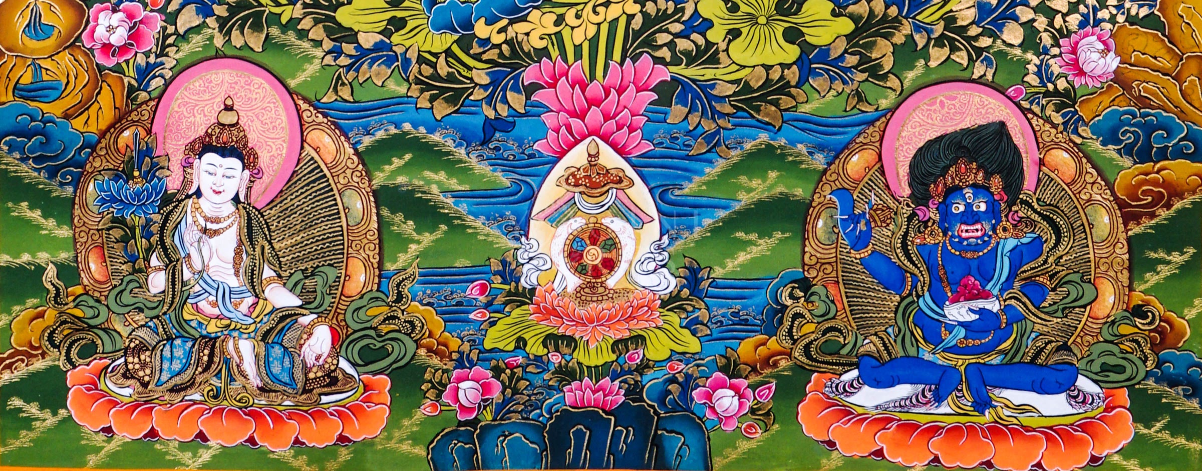 Traditional hand-painted Green Tara Tibetan thangka featuring the Buddhist goddess of compassion seated among lotus flowers with celestial Buddhas and sacred Himalayan motifs