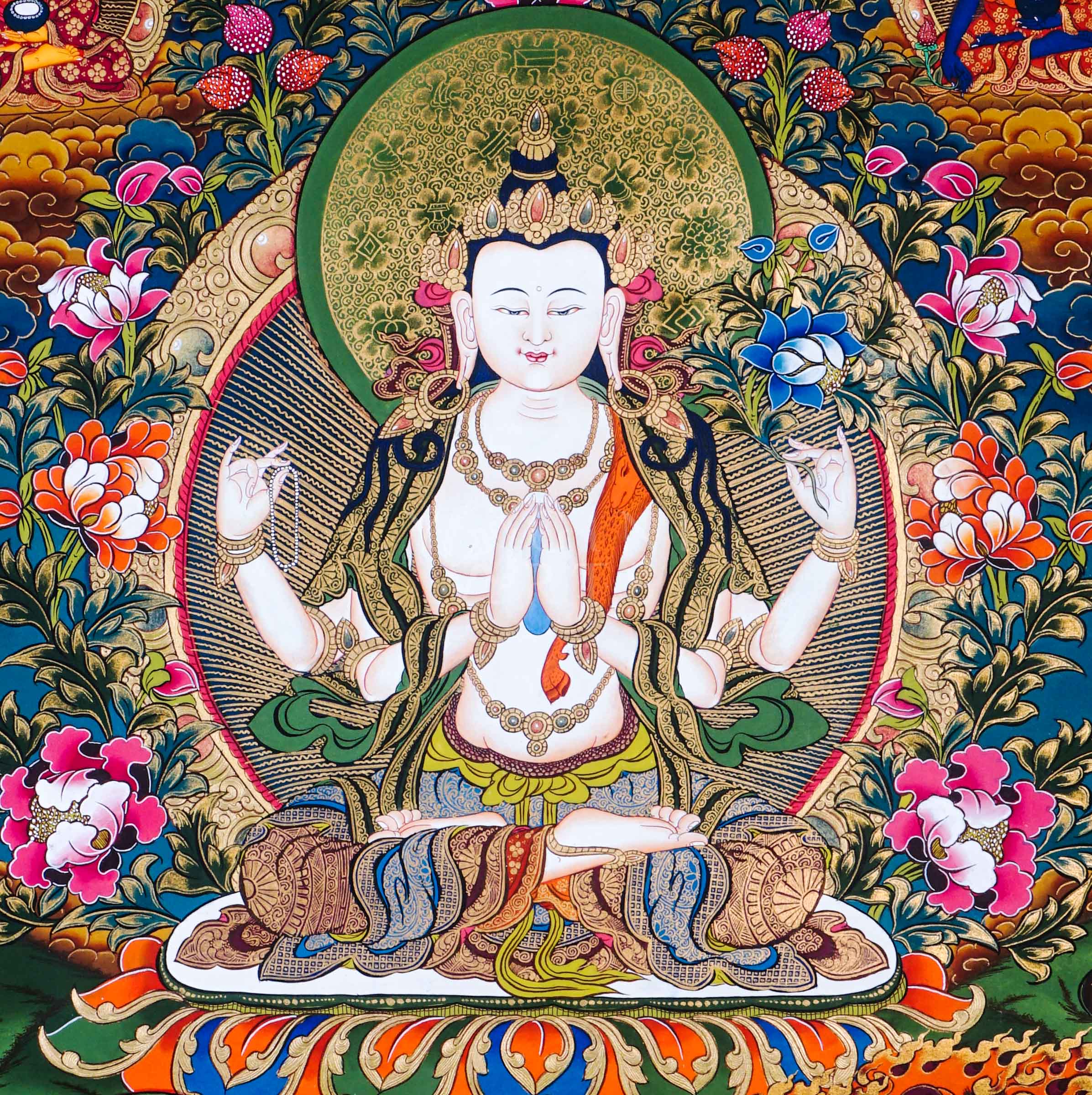 Hand-painted Chenrezig Tibetan thangka featuring four-armed Avalokiteshvara seated on a lotus throne surrounded by celestial Buddhas, sacred flowers, and Himalayan Buddhist symbolism