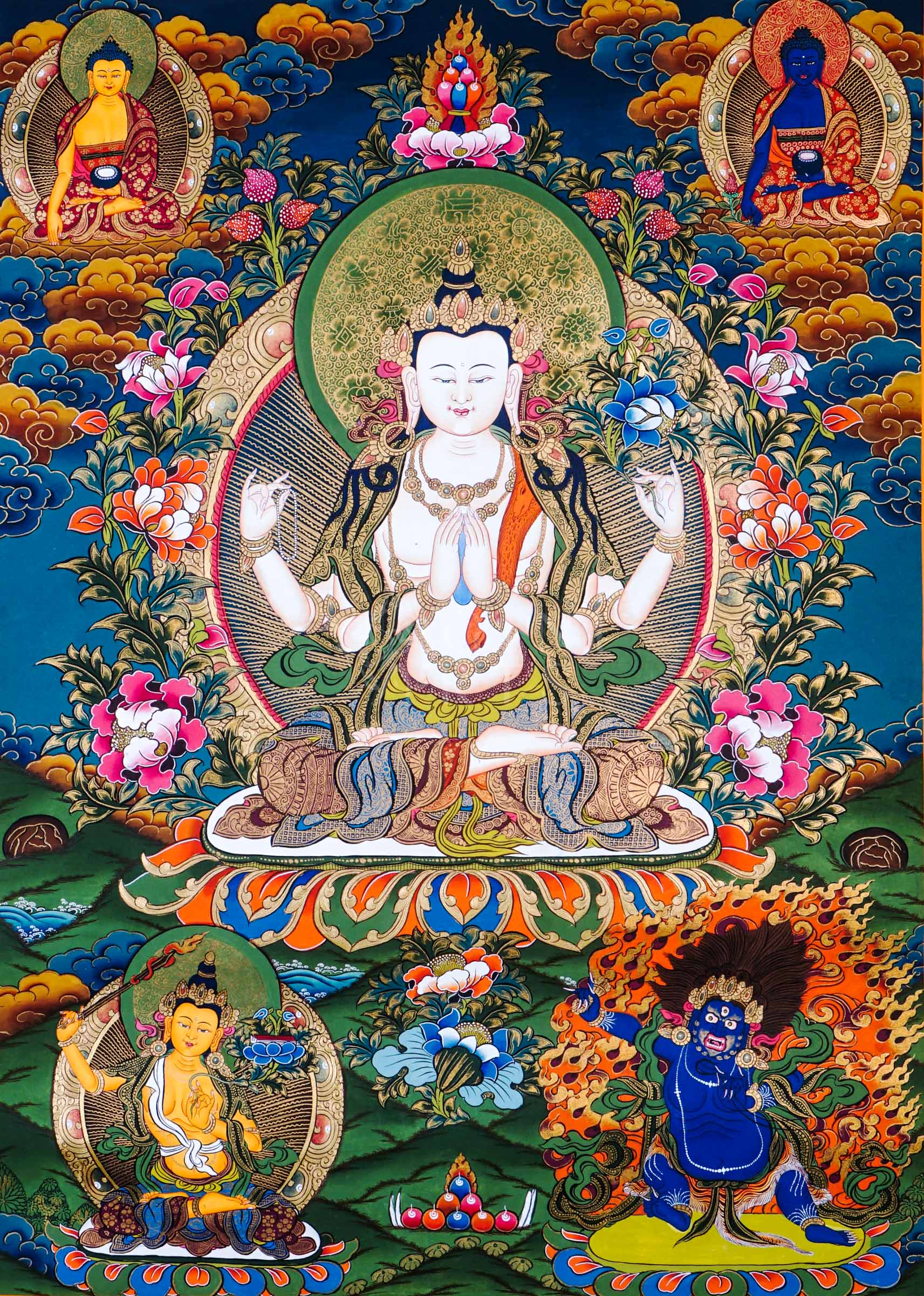 Hand-painted Chenrezig Tibetan thangka featuring four-armed Avalokiteshvara seated on a lotus throne surrounded by celestial Buddhas, sacred flowers, and Himalayan Buddhist symbolism