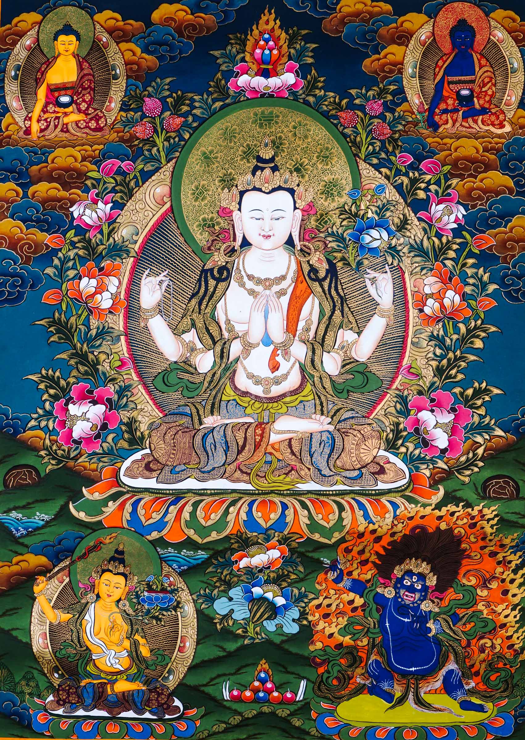 Hand-painted Chenrezig Tibetan thangka featuring four-armed Avalokiteshvara seated on a lotus throne surrounded by celestial Buddhas, sacred flowers, and Himalayan Buddhist symbolism