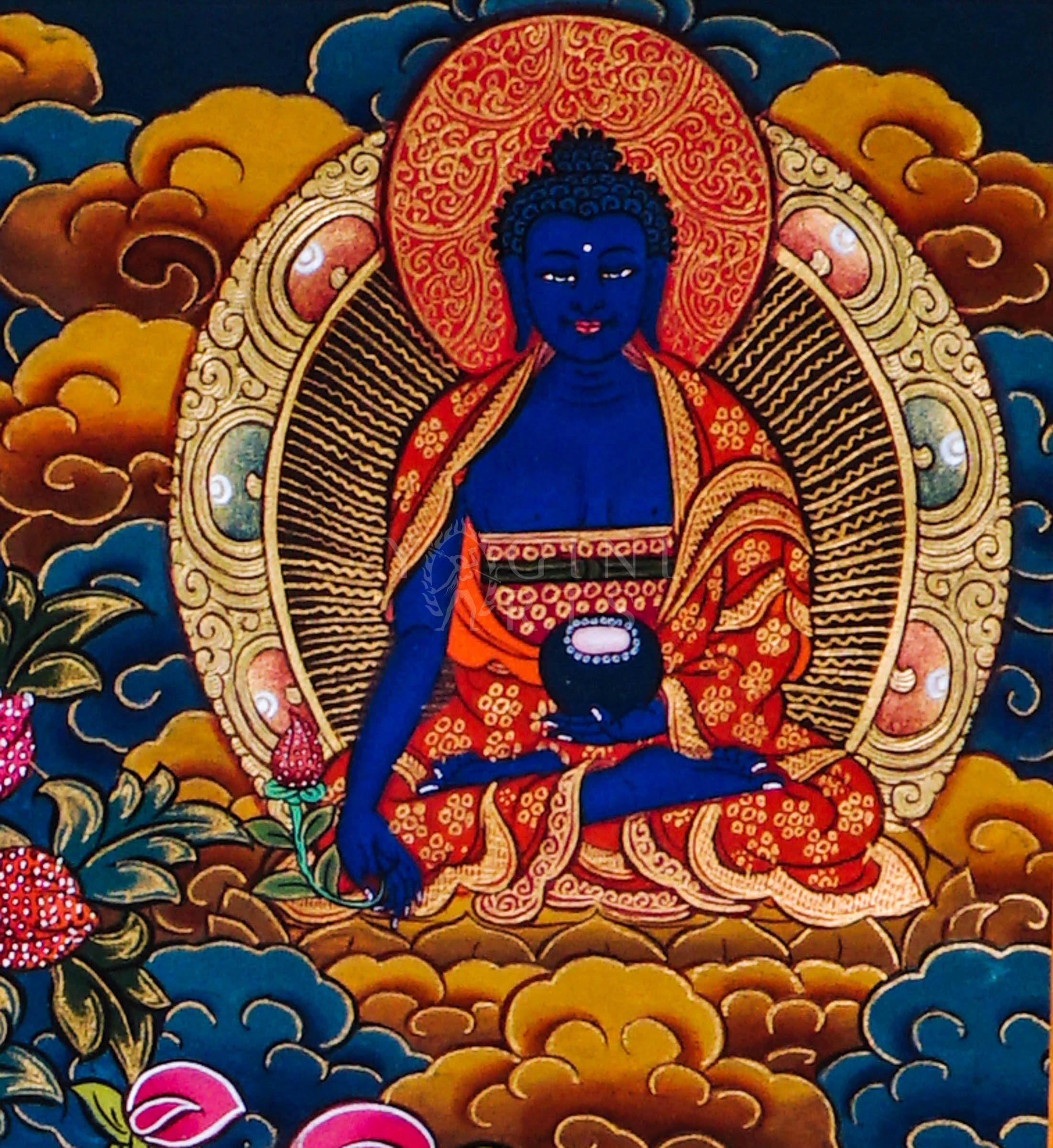 Hand-painted Chenrezig Tibetan thangka featuring four-armed Avalokiteshvara seated on a lotus throne surrounded by celestial Buddhas, sacred flowers, and Himalayan Buddhist symbolism