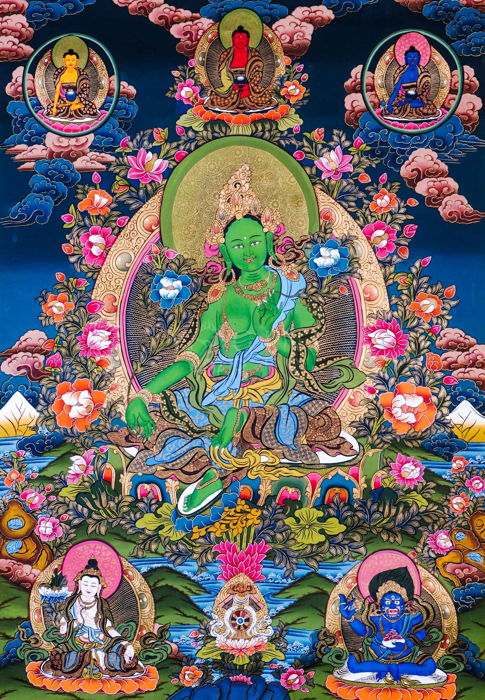Green Tara thangka featuring the Buddhist goddess of compassion seated among vibrant flowers with celestial Buddhas and protector deities