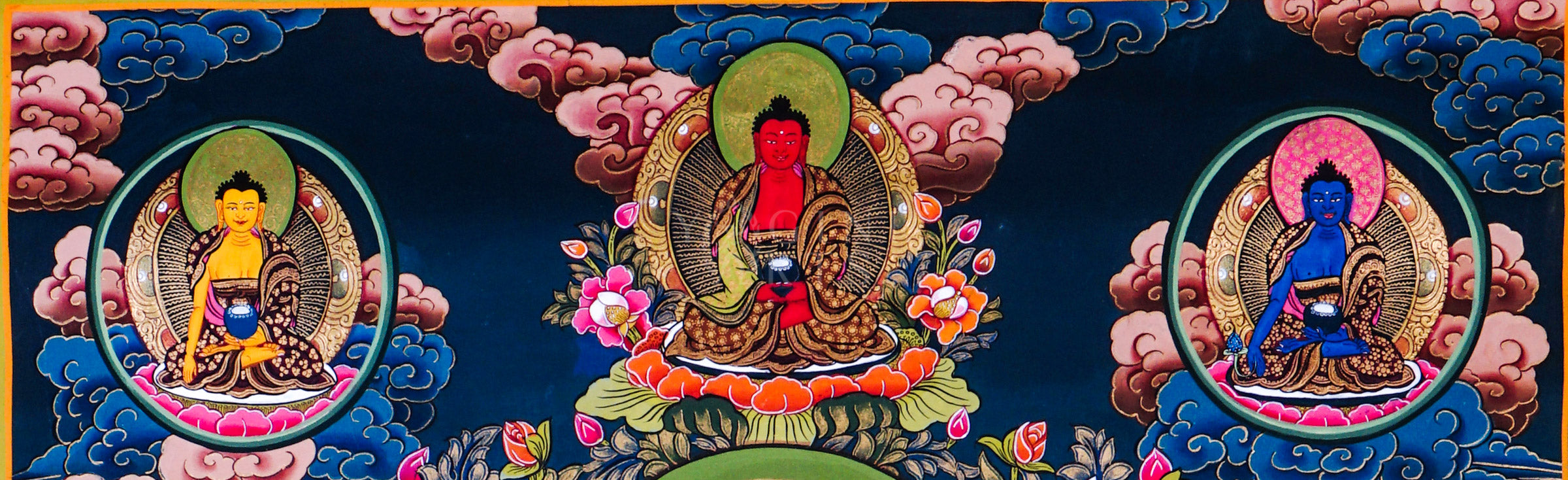 Green Tara thangka featuring the Buddhist goddess of compassion seated among vibrant flowers with celestial Buddhas and protector deities