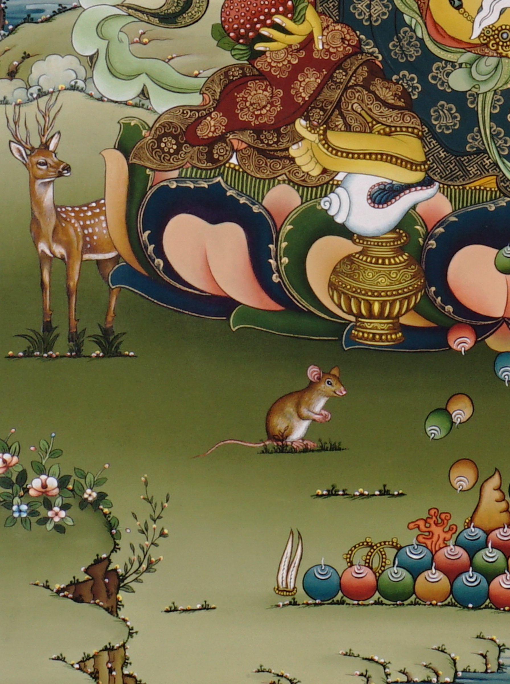Hand-painted Yellow Dzambhala thangka showing Tibetan wealth deity seated on lotus throne holding mongoose and citron, with gold detailing and Himalayan landscape background.