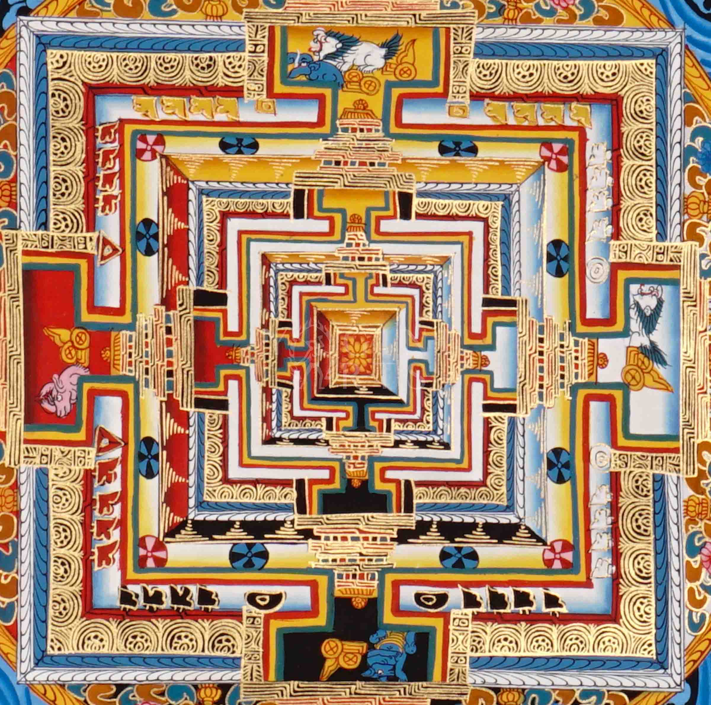 Hand painted Kalachakra Mandala thangka depicting intricate Tibetan Wheel of Time sacred palace with concentric protective rings
