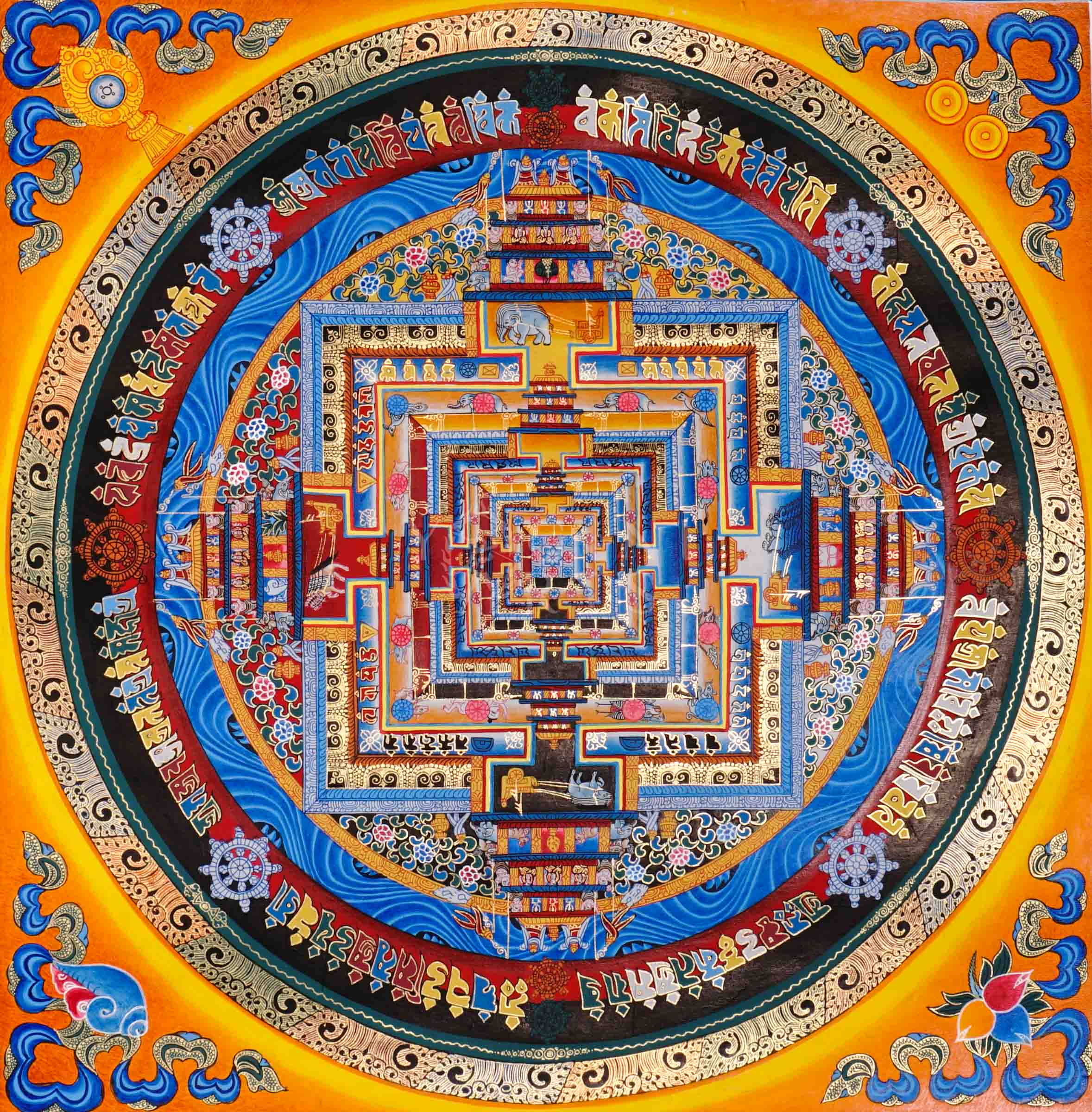 Hand painted Kalachakra Mandala thangka with vibrant Tibetan Wheel of Time palace design and concentric protective mantra rings