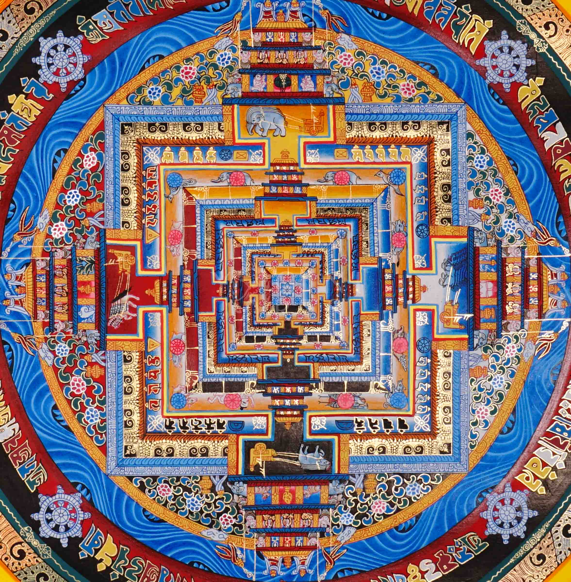 Hand painted Kalachakra Mandala thangka with vibrant Tibetan Wheel of Time palace design and concentric protective mantra rings