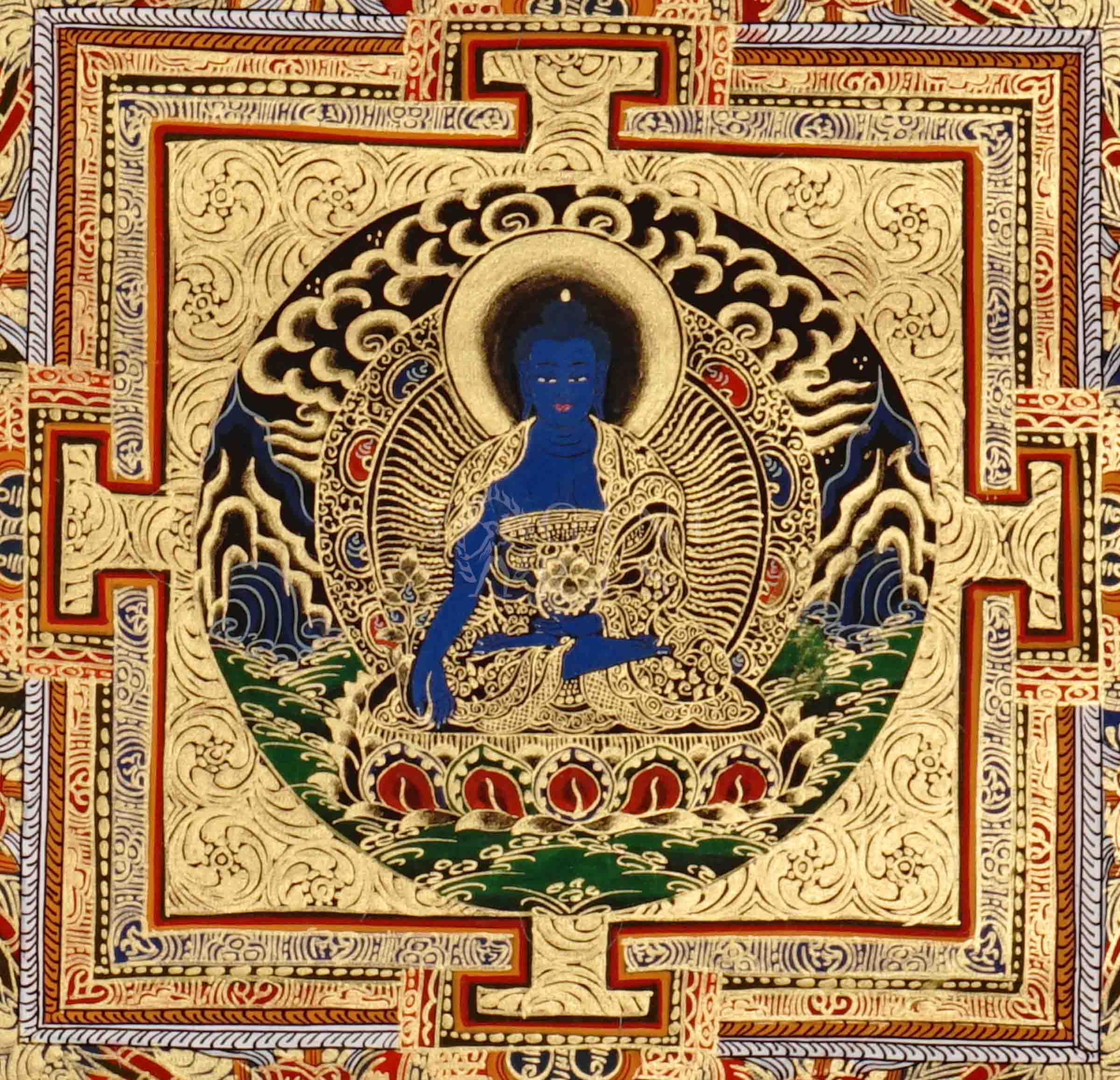 Hand painted Medicine Buddha Mandala thangka depicting blue healing Buddha seated within sacred geometric palace on dark background
