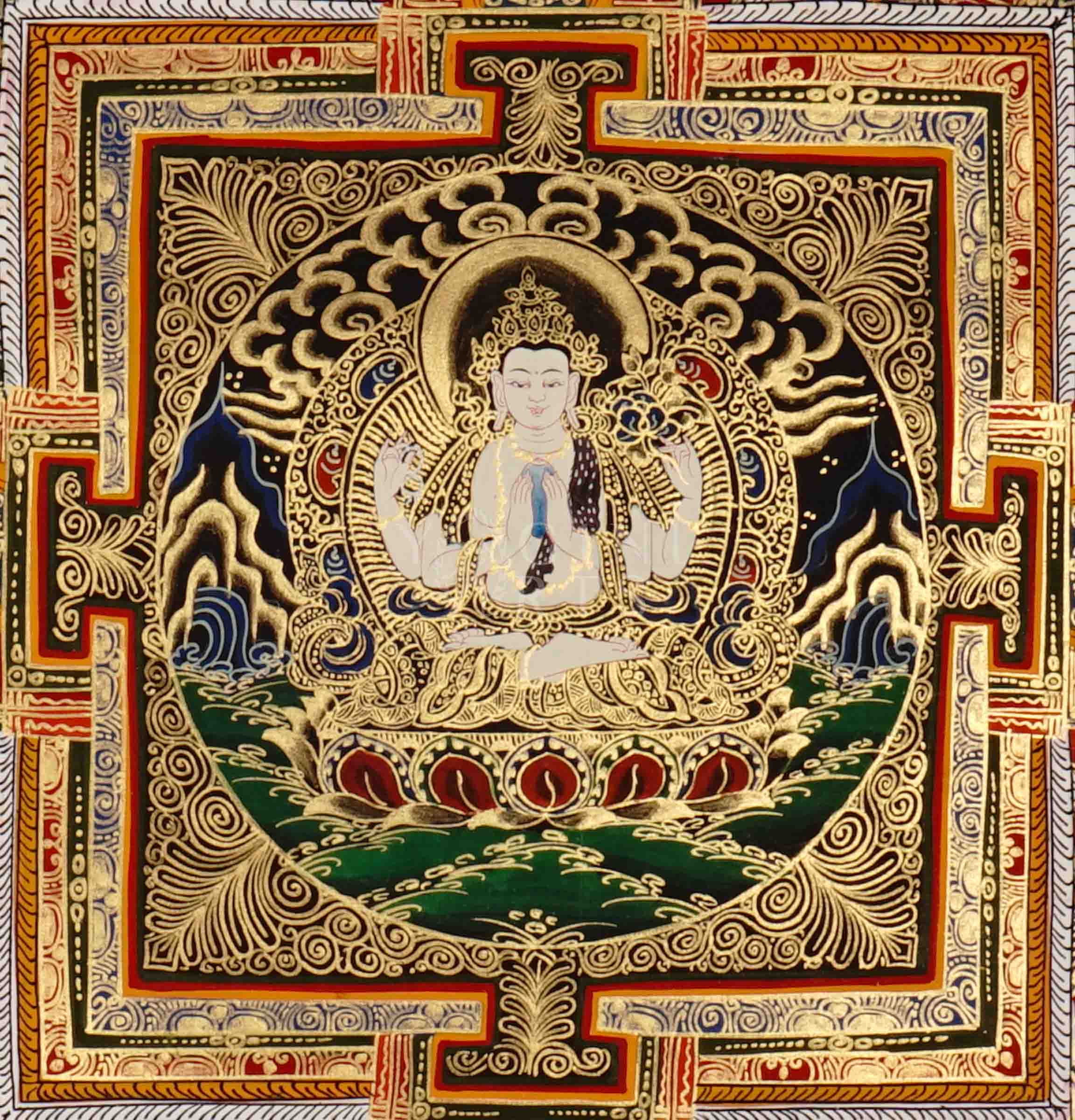Hand painted Chenrezig Mandala thangka depicting Avalokiteshvara seated within sacred geometric palace on dark background
