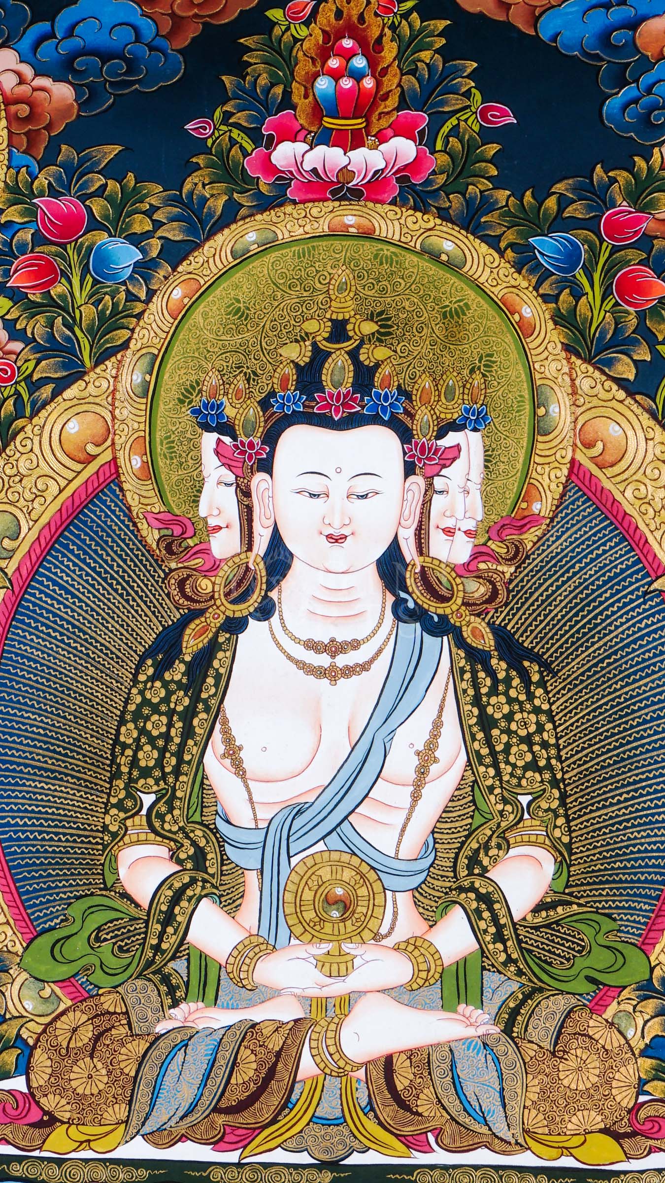 Dari Rulai thangka featuring a peaceful white Buddhist deity surrounded by Amitabha Buddha, Medicine Buddha, lotus flowers, and sacred Himalayan symbolism
